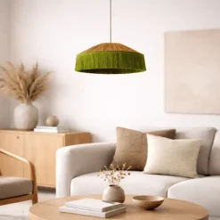 Abat-jour suspension en papier façon raphia et franges