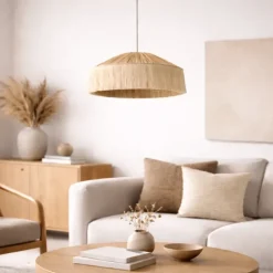 Abat-jour suspension en papier façon raphia et franges