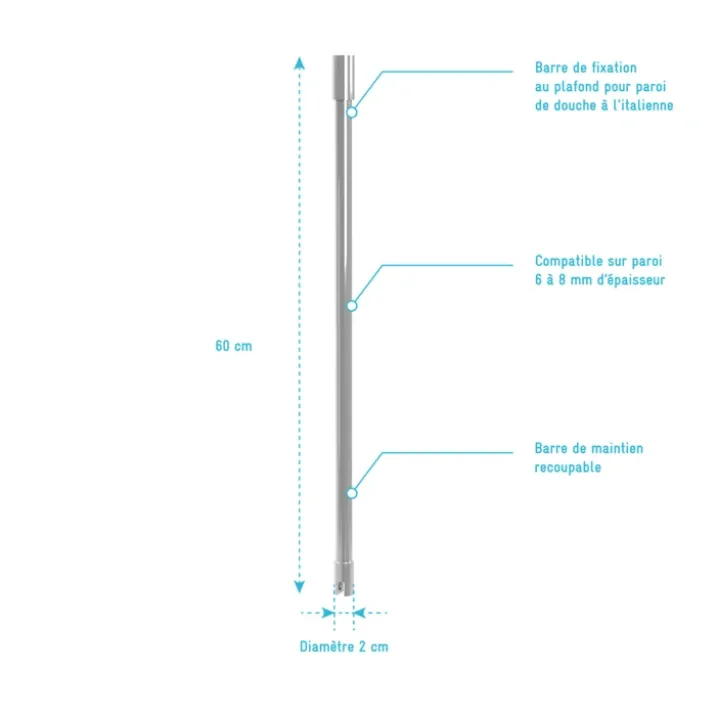 Barre de fixation plafond recoupable pour douche italienne