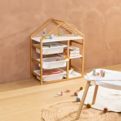 Bibliothèque enfant en forme de maison avec 3 bacs de rangement
