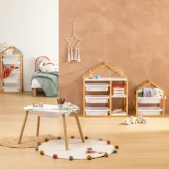 Bibliothèque enfant en forme de maison avec 3 bacs de rangement