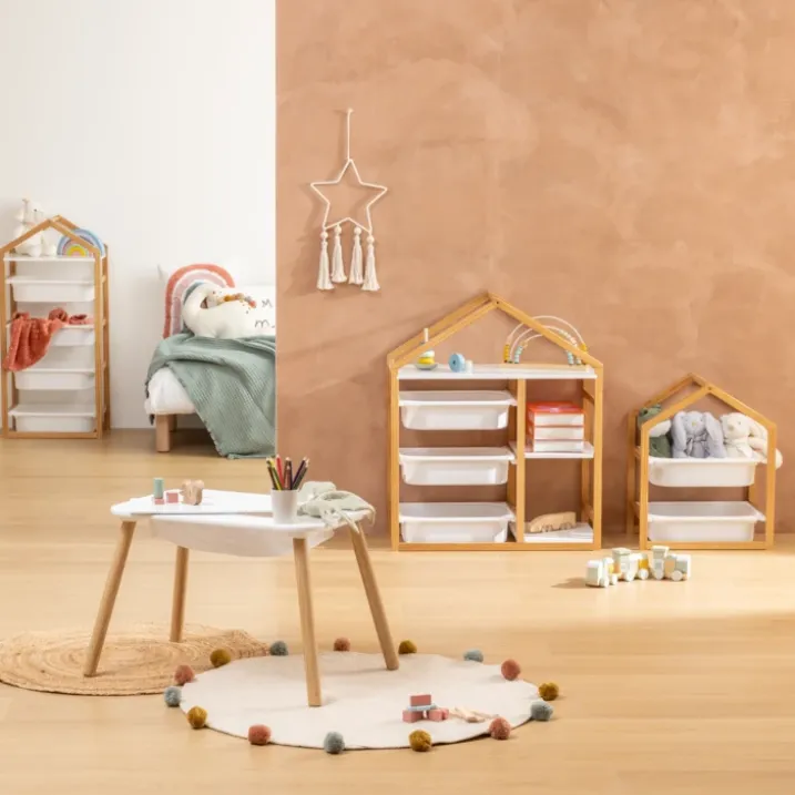 Bibliothèque enfant en forme de maison avec 3 bacs de rangement
