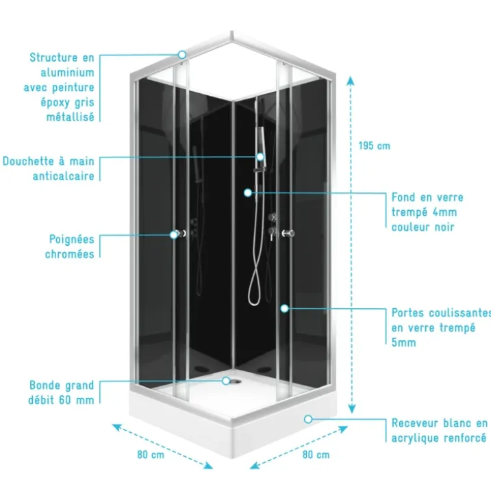Cabine de douche carrée avec portes coulissantes en verre trempé
