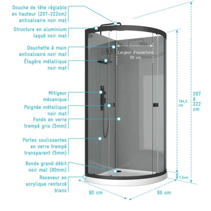 Cabine de douche 1/4 de cercle avec receveur