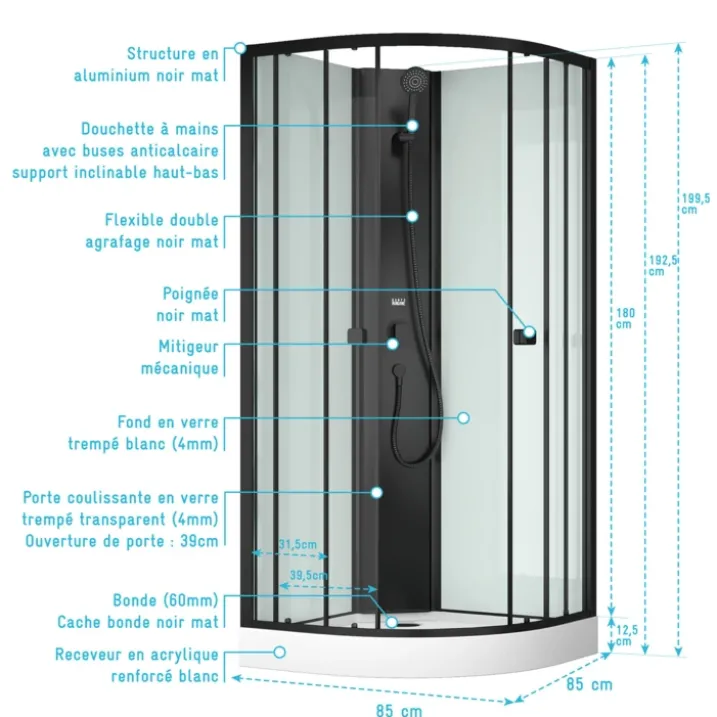 Cabine de douche 1/4 de cercle minimaliste style contemporain