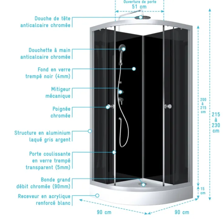 Cabine de douche 1/4 de cercle minimaliste design contemporain