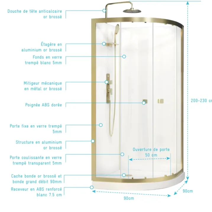Cabine de douche design doré en aluminium