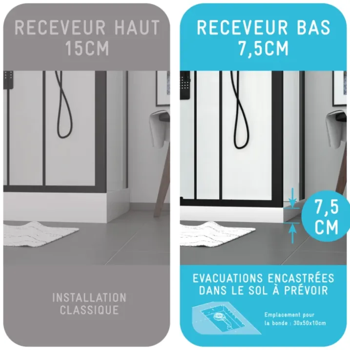 Cabine de douche rectangulaire avec receveur bas et porte coulissante