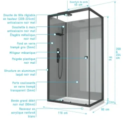 Cabine de douche rectangulaire avec receveur bas et porte coulissante