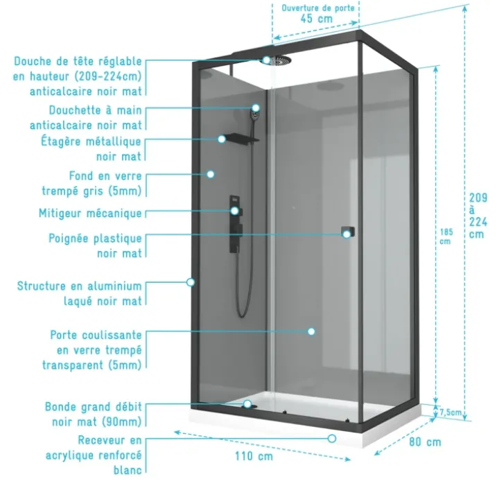 Cabine de douche rectangulaire avec receveur bas et porte coulissante