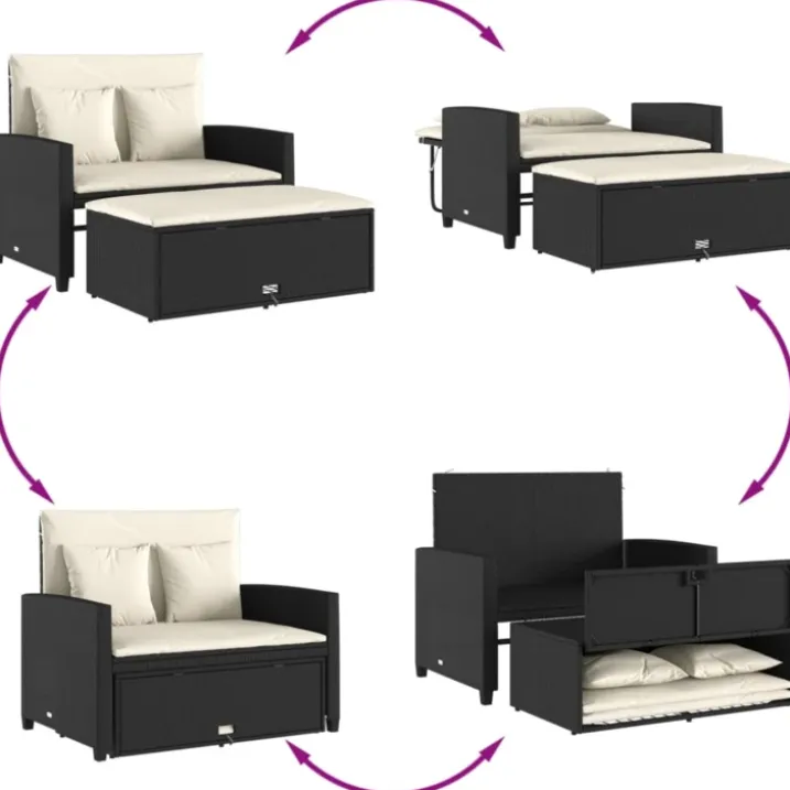 Canapé de jardin avec coussins 2 places noir résine tressée