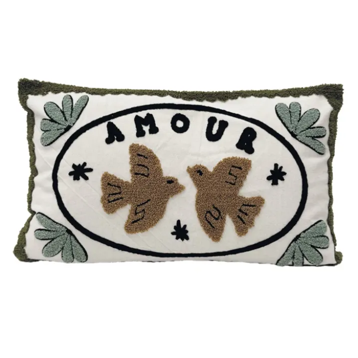 Coussin brodé avec motif oiseaux et "amour"