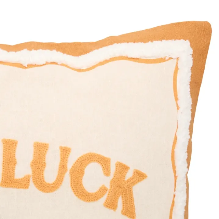 Coussin décoratif en coton brodé GOOD LUCK