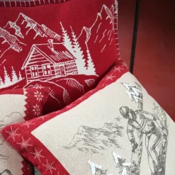 Coussin décoratif montagne ski en coton