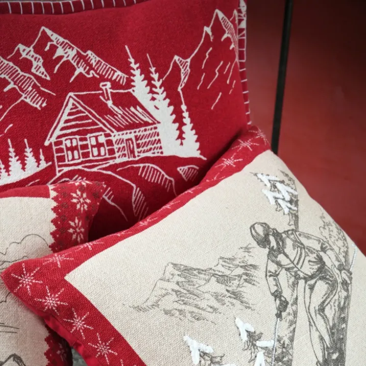 Coussin décoratif montagne ski en coton
