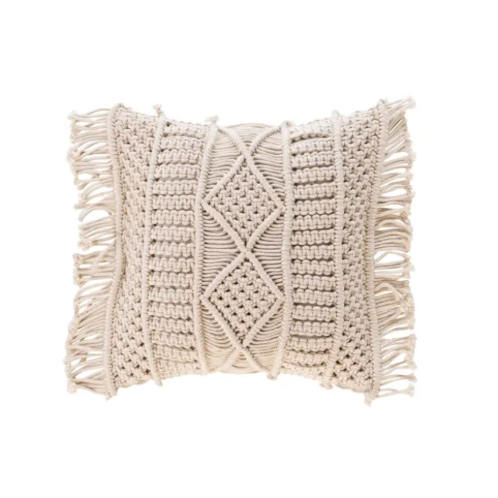 Coussin déhoussable avec franges et macramé