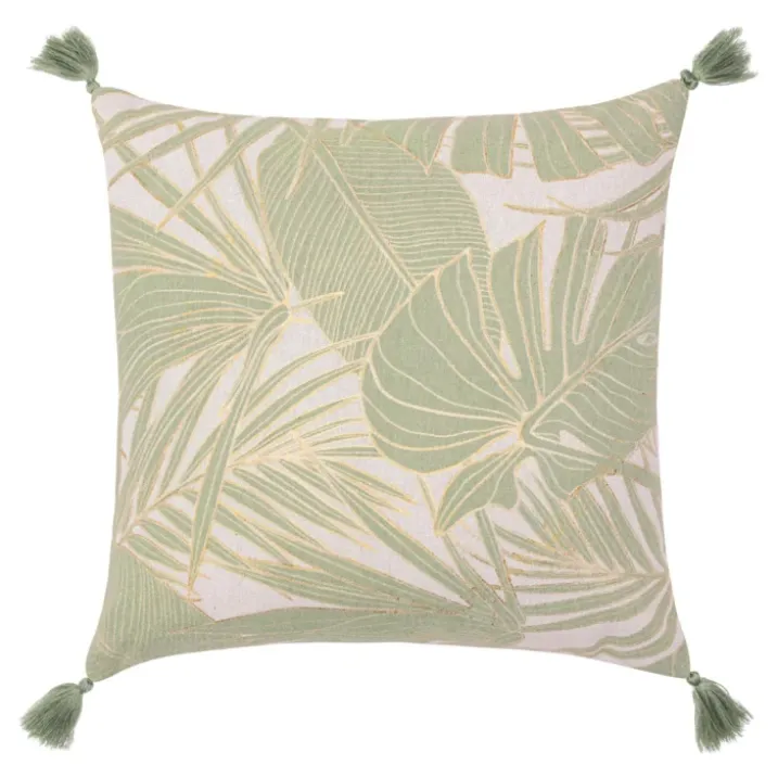 Coussin polycoton feuillages tropicaux métallisé à pompons