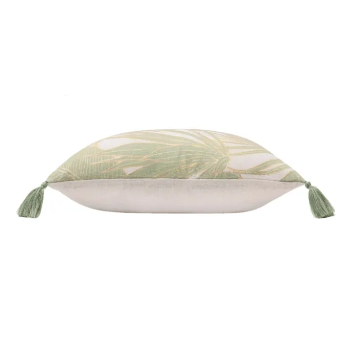 Coussin polycoton feuillages tropicaux métallisé à pompons