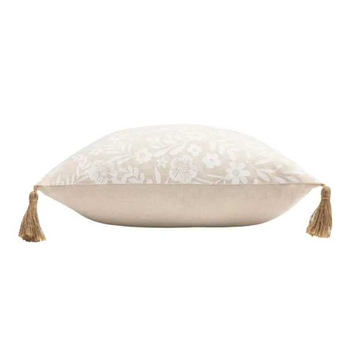 Coussin polycoton imprimé floral à pompons