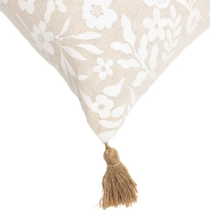 Coussin polycoton imprimé floral à pompons