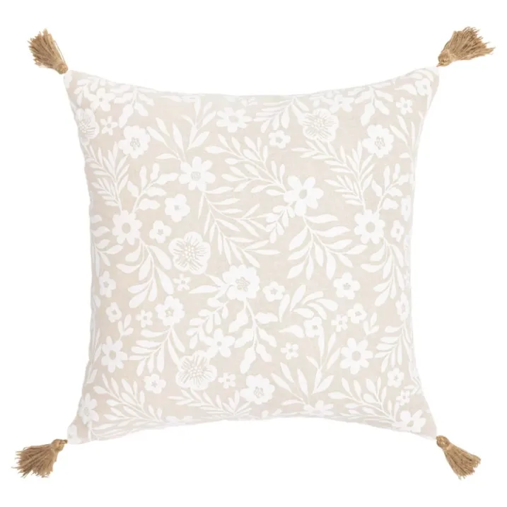 Coussin polycoton imprimé floral à pompons