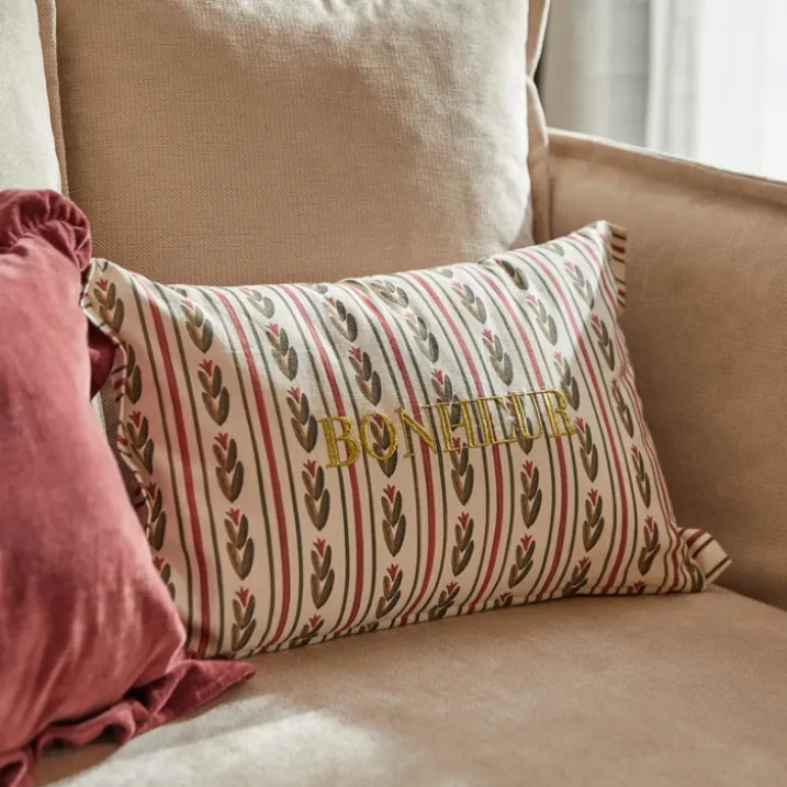 Coussin rectangulaire coton avec broderie Bonheur