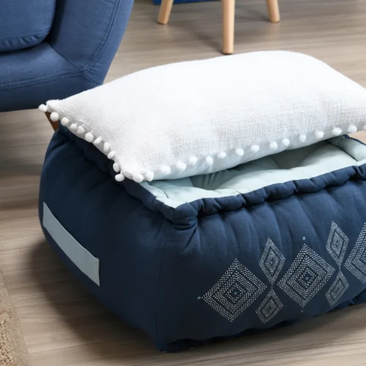 Coussin rectangulaire en coton déhoussable à pompons