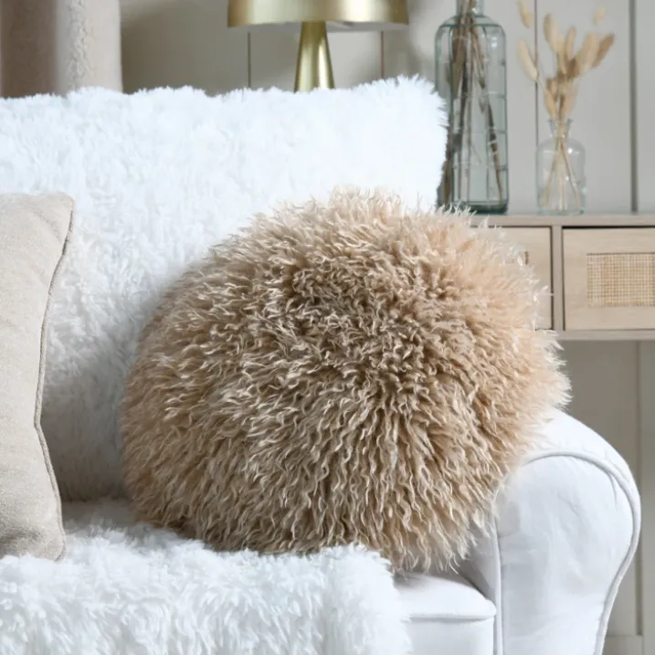 Coussin rond imitation fourrure longue