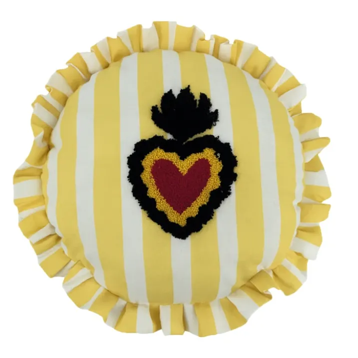 Coussin rond à rayures avec motif cœur brodé