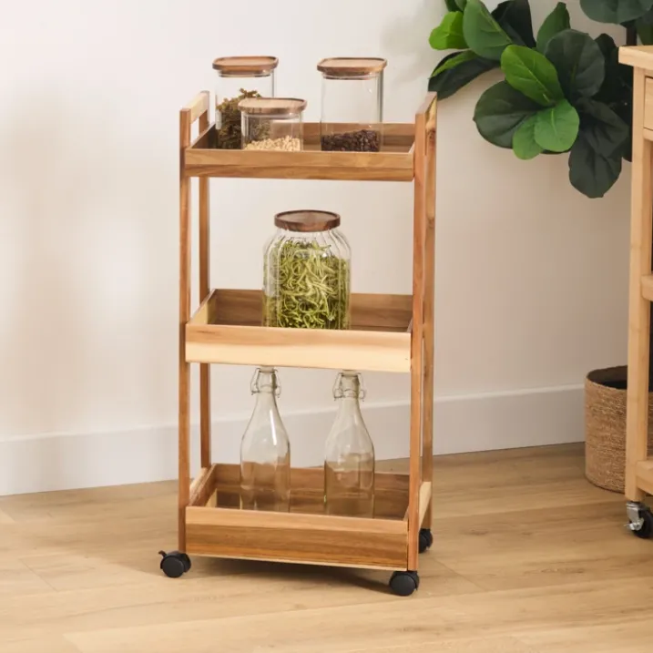 Desserte en bois à roulettes avec 3 niveaux de rangement
