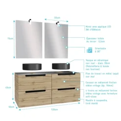 Ensemble de salle de bains avec 2 vasques rondes et 2 miroirs rectangulaires à led