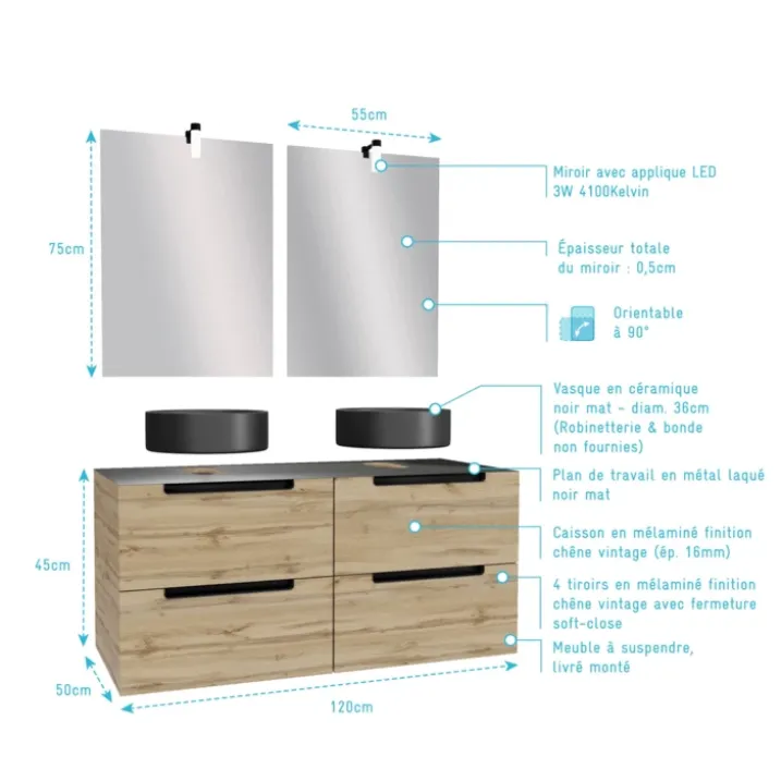 Ensemble de salle de bains avec 2 vasques rondes et 2 miroirs rectangulaires à led