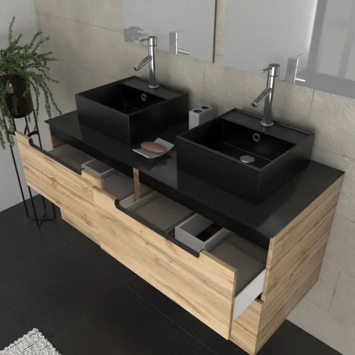 Ensemble de salle de bains avec 2 vasques et miroirs rectangulaires à led