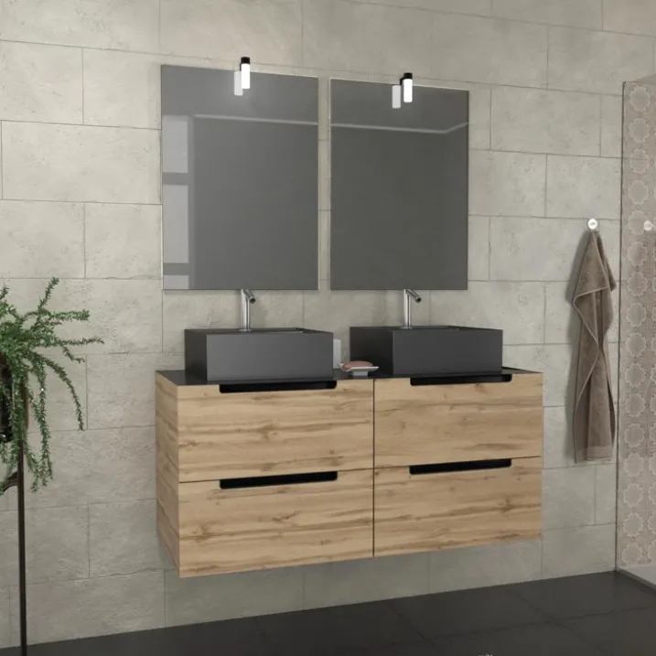 Ensemble de salle de bains avec 2 vasques et miroirs rectangulaires à led