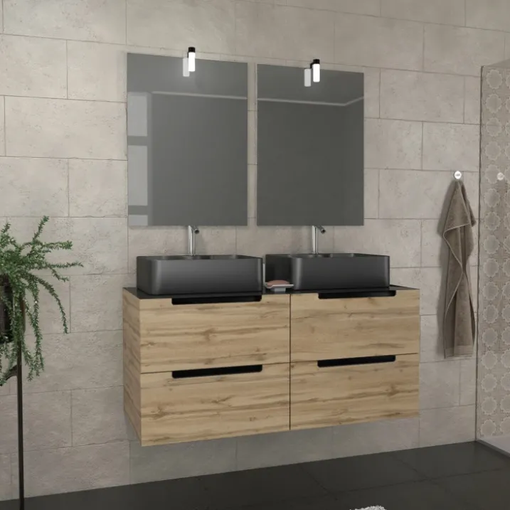 Ensemble de salle de bains avec 2 vasques rectangulaires et 2 miroirs rectangulaires à led