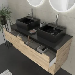 Ensemble de salle de bains avec 2 vasques rectangulaires et 2 miroirs ronds à led