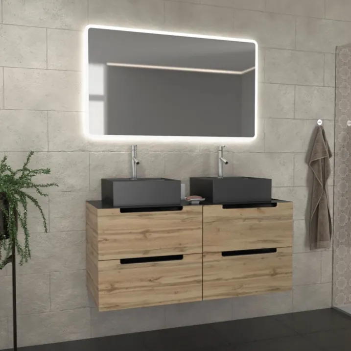Ensemble de salle de bains avec 2 vasques et 1 miroir rectangulaires à led