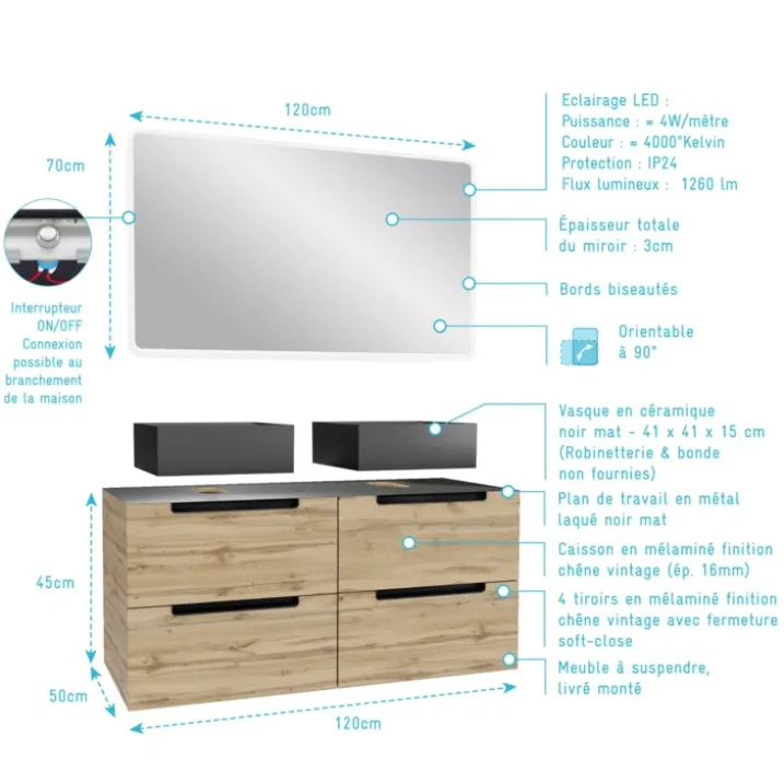 Ensemble de salle de bains avec 2 vasques et 1 miroir rectangulaires à led