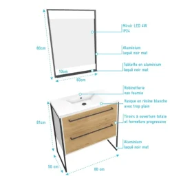 Ensemble meuble à2 tiroirs, vasque et miroir à led