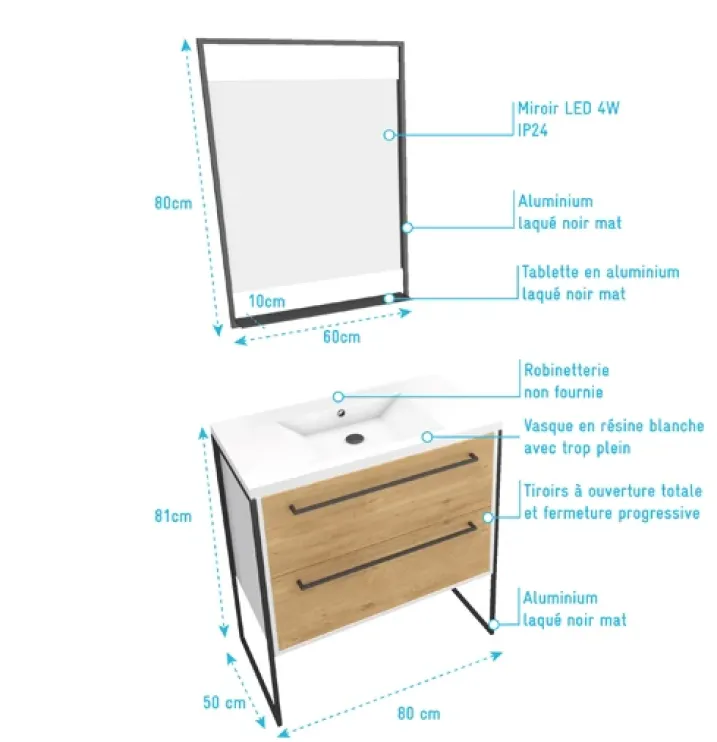 Ensemble meuble à2 tiroirs, vasque et miroir à led