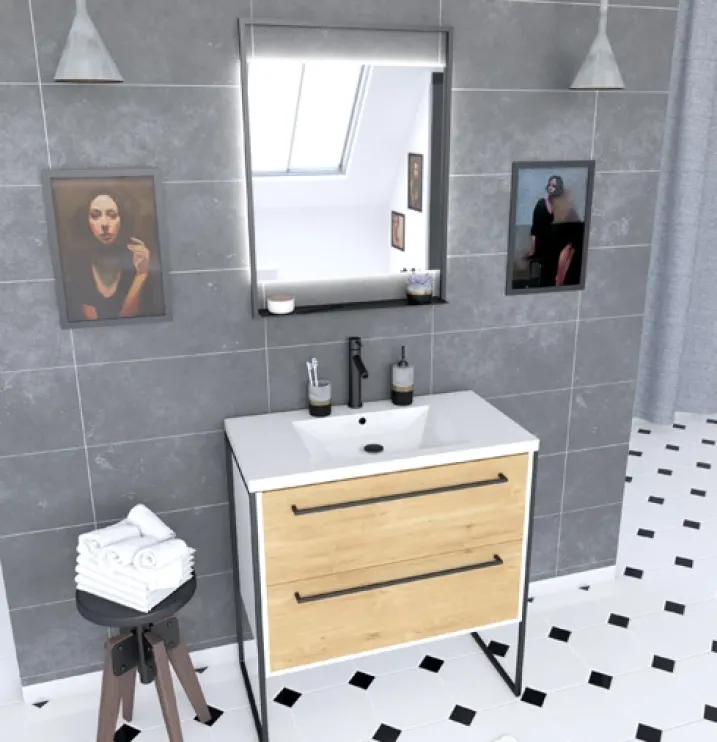 Ensemble meuble à2 tiroirs, vasque et miroir à led
