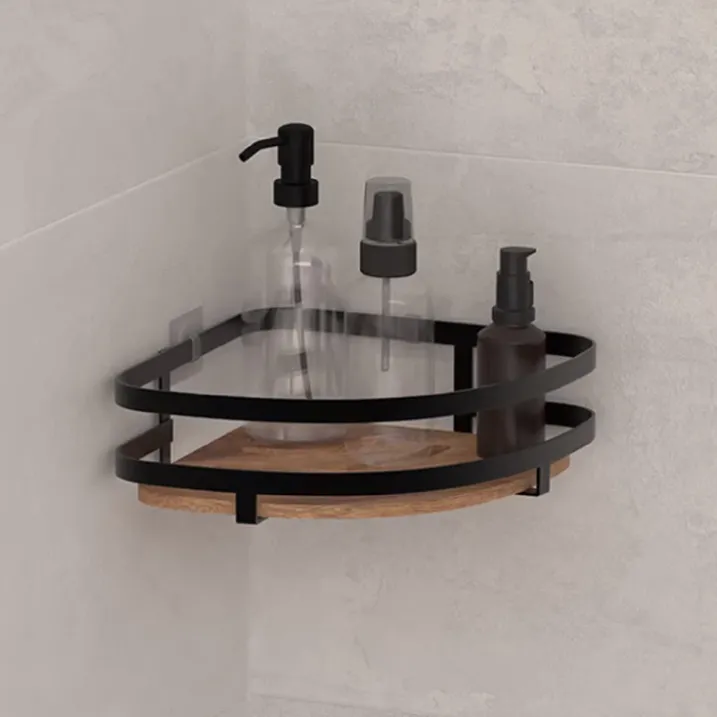 Etagère de douche d'angle sans perçage en bois