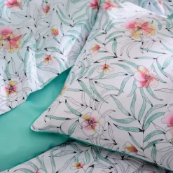 Housse de couette coton floral exotique réversible uni