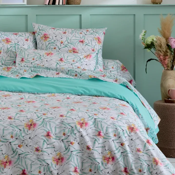Housse de couette coton floral exotique réversible uni
