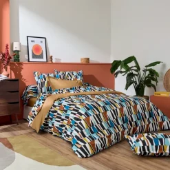 Housse de couette coton géométrique réversible uni