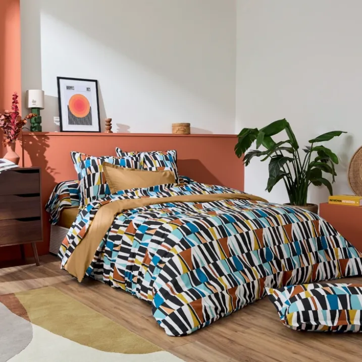 Housse de couette coton géométrique réversible uni