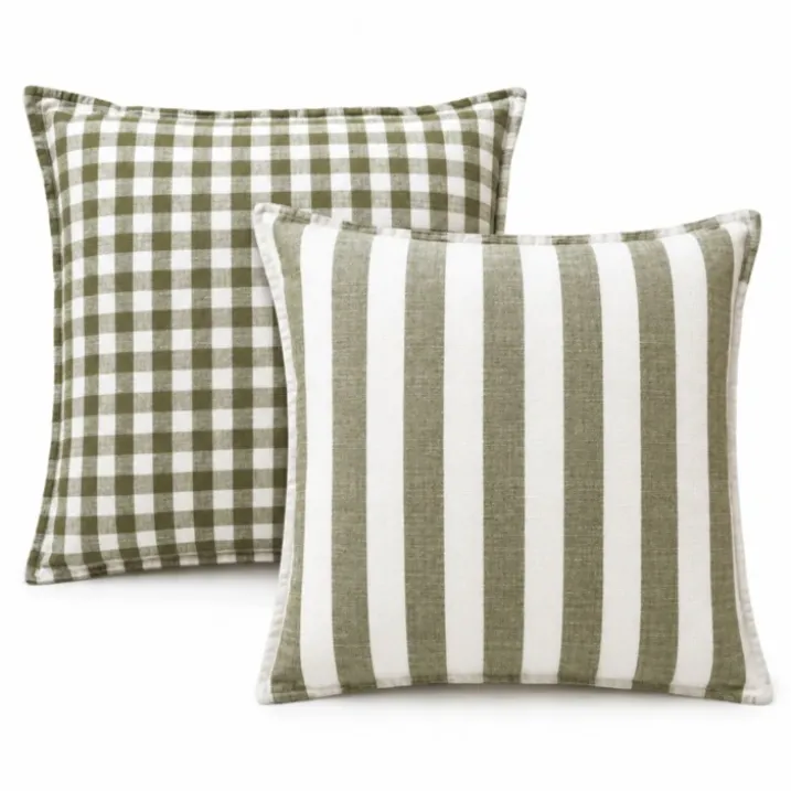 Housse de coussin recto-verso 100% coton rayures et vichy LOURMARIN