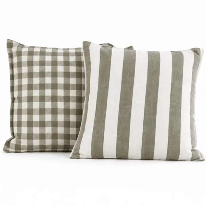 Housse de coussin recto-verso 100% coton rayures et vichy LOURMARIN