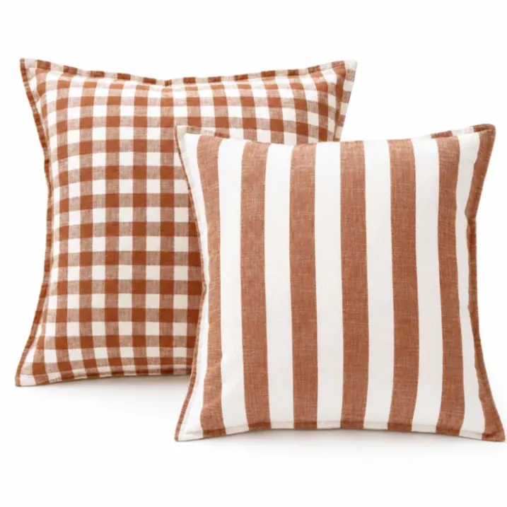 Housse de coussin recto-verso 100% coton rayures et vichy LOURMARIN