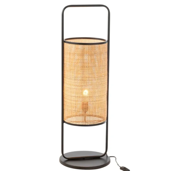 Lampe sur pied en métal et rotin